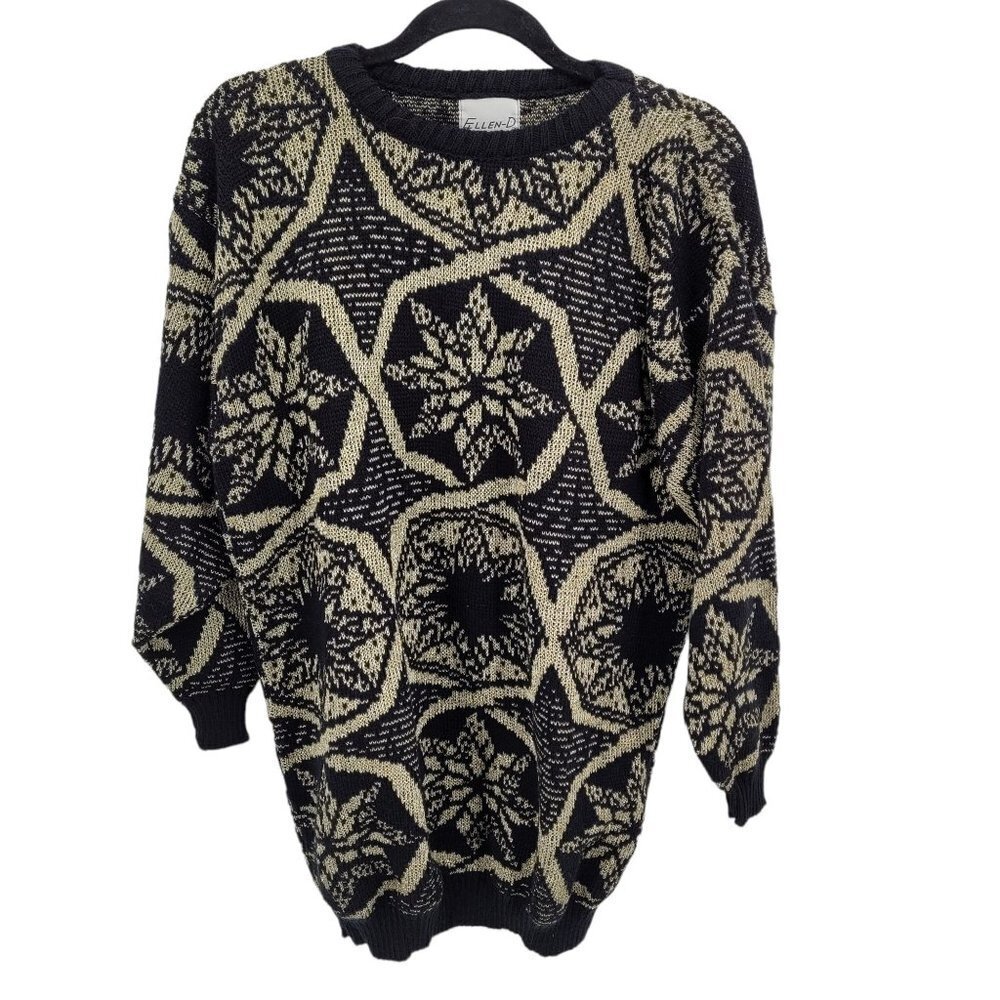 Ellen d kollection women medium black gold metallic sweater snow flakes acrylic